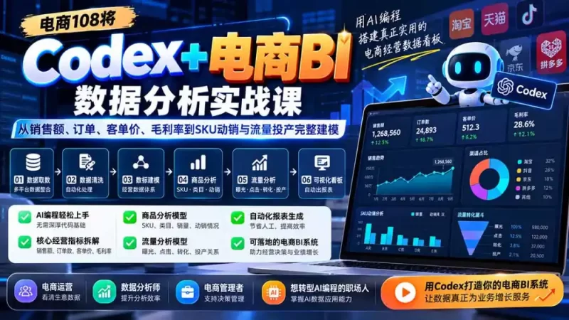 Codex 电商BI数据分析实战课-更新1026:从销售额、订单、客单价、毛利率到SKU动销与流量投产完整建模-51云资源