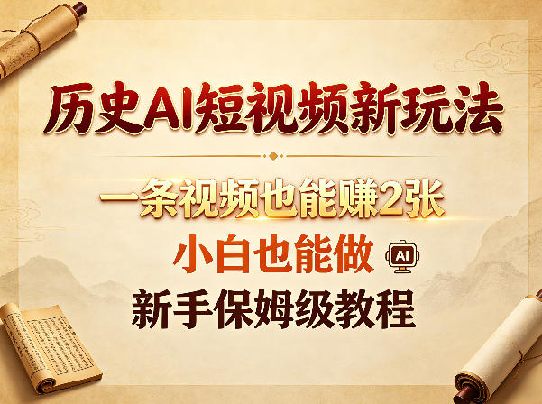 历史AI短视频新玩法，一条视频也能賺2张，小白也能做，新手保姆级教程-51云资源