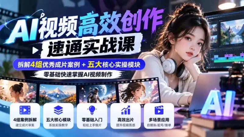 【无水印】AI视频高效创作速通实战课：拆解4组优秀成片案例 五大核心实操模块，零基础快速掌握AI视频制作-51云资源