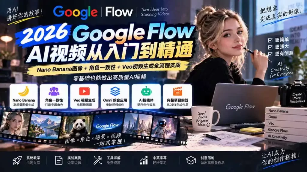 【无水印】Google Flow AI视频从入门到精通:Nano Banana图像 角色一致性 Veo视频生成全流程实战-精翻中英字幕-51云资源