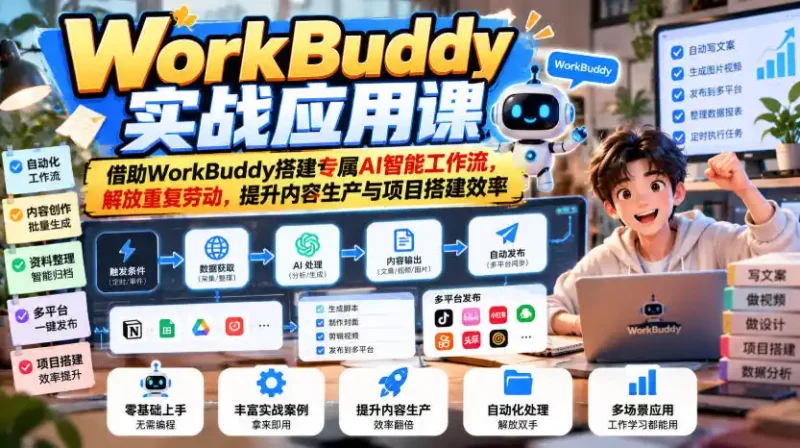 WorkBuddy实战应用课,借助WorkBuddy搭建专属AI智能工作流,解放重复劳动,提升内容生产与项目搭建效率-51云资源