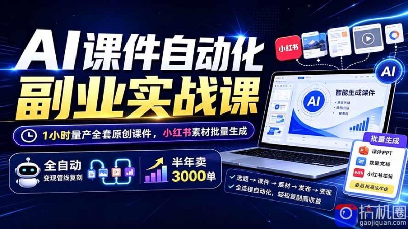 AI课件自动化副业实战课：1小时量产全套原创课件×小红书素材批量生成×全自动变现管线×半年卖3000单-51云资源