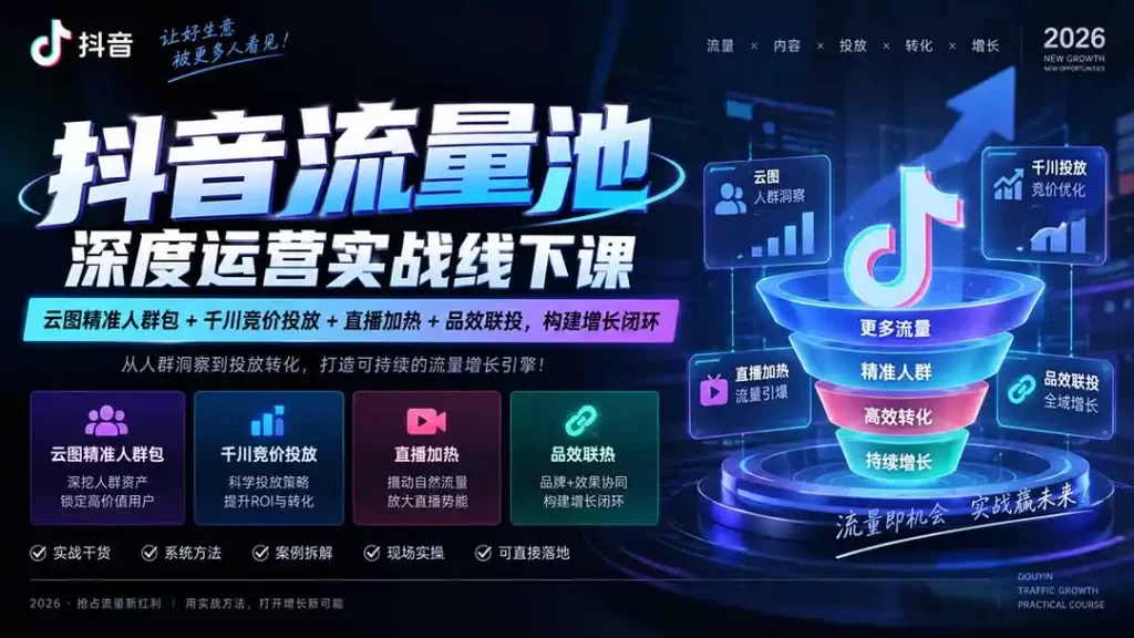 抖音流量池深度运营实战线下课|云图精准人群包 千川竞价投放 直播加热 品效联投,构建增长闭环-51云资源