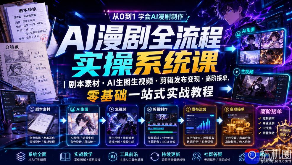 AI漫剧全流程实操系统课|剧本素材・AI生图生视频・剪辑发布变现・高阶接单,零基础一站式实战教程