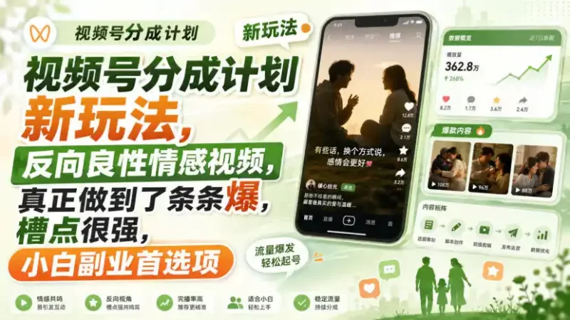 视频号分成计划新玩法,反向良性情感视频,真正做到了条条爆,槽点很强,小白副业首选项-51云资源