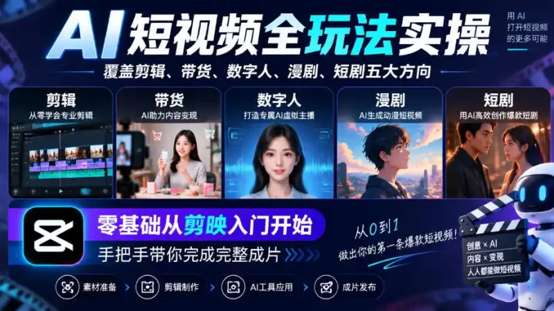 AI短视频全玩法实操,覆盖剪辑、带货、数字人、漫剧、短剧五大方向,零基础从剪映入门开始,手把手带你完成完整成片-51云资源