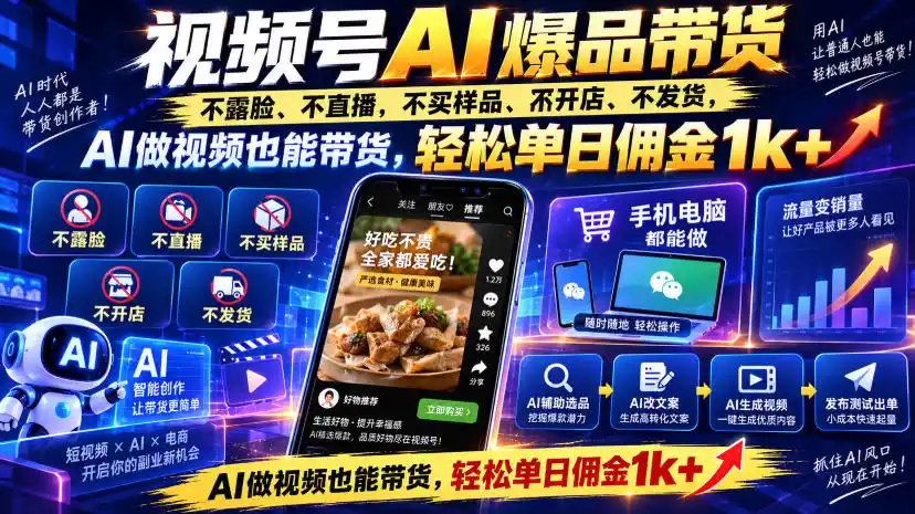 视频号Ai爆品带货,不露脸、不直播、不买样品、不开店、不发货,AI做视频也能带货,轻松单日佣金1k-51云资源