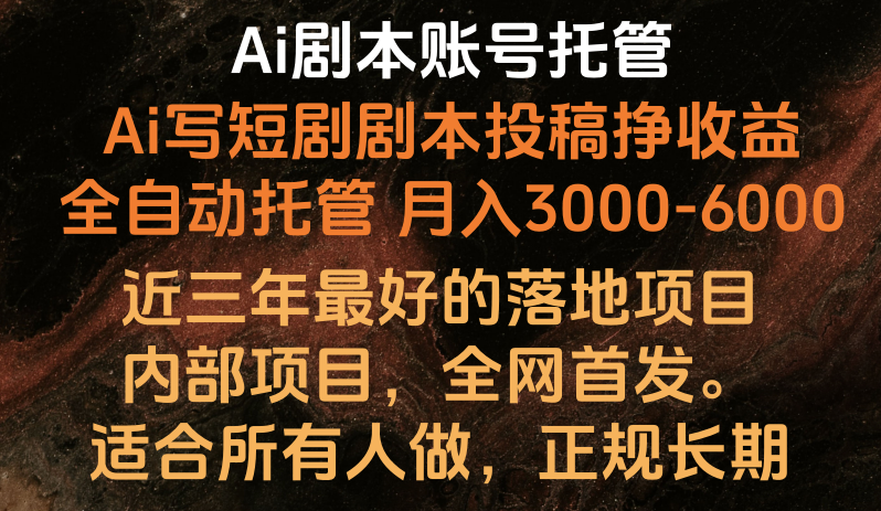 内部落地项目，全网首发，Ai剧本账号全托管，月入躺赚3000-6000，长期稳定好项目。-51云资源