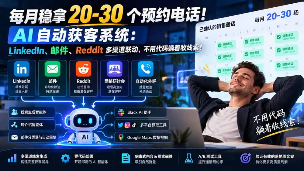 每月稳拿 20-30 个预约电话!AI 自动获客系统:LinkedIn、邮件、Reddit 多渠道联动,不用代码躺着收线索!