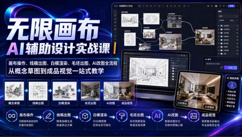 无限画布AI辅助设计实战课|画布操作、线稿出图、白模渲染、毛坯出图、AI改图全流程,从概念草图到成品视觉一站式教学-51云资源
