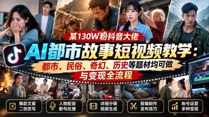 某130W粉抖音大佬AI都市故事短视频教学：都市、民俗、奇幻、历史等题材均可做与变现全流程-51云资源