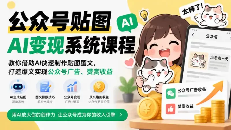 公众号贴图AI变现系统课程|教你借助AI快速制作贴图图文,打造爆文实现公众号广告、赞赏收益-51云资源