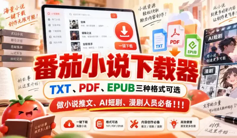番茄小说下载器,TXT、PDF、EPUB三种格式可选,做小说推文、AI短剧、漫剧人员必备!!!-51云资源