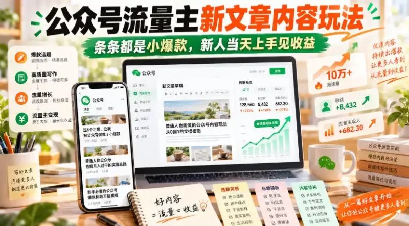 公众号流量主新文章内容玩法,条条都是小爆款,新人当天上手见收益-51云资源