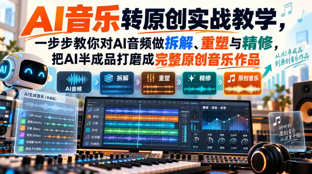 AI音乐转原创实战教学，一步步教你对AI音频做拆解、重塑与精修，把AI半成品打磨成完整原创音乐作品-51云资源