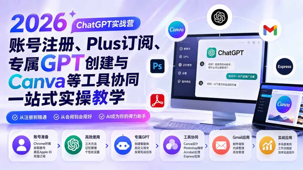 2026 ChatGPT实战营;账号注册、Plus订阅、专属GPT创建与Canva等工具协同一站式实操教学-51云资源