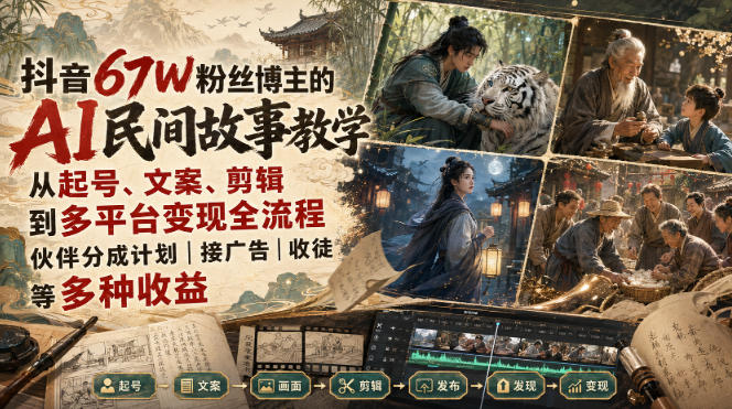 抖音67W粉丝博主的AI民间故事教学，从起号、文案、剪辑到多平台变现全流程，伙伴分成计划接广告等多种收益，月入1W-51云资源