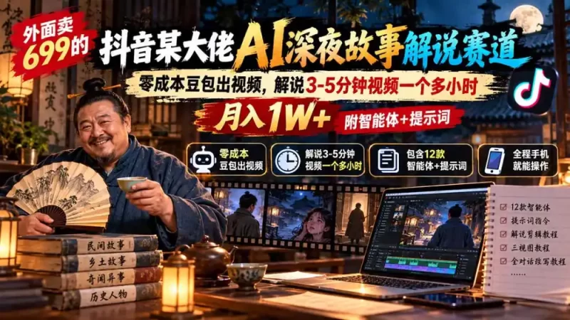 外面卖699抖音某大佬AI深夜故事解说赛道-更新：0成本豆包出视频 解说3-5分钟视频一个多小时，月入1W 附智能体 提示词-51云资源