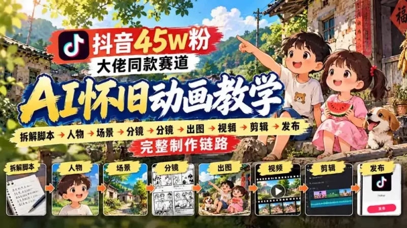 抖音45W粉大佬同款赛道AI怀旧动画教学:拆解脚本→人物→场景→分镜→出图→视频→剪辑→发布完整制作链路-51云资源