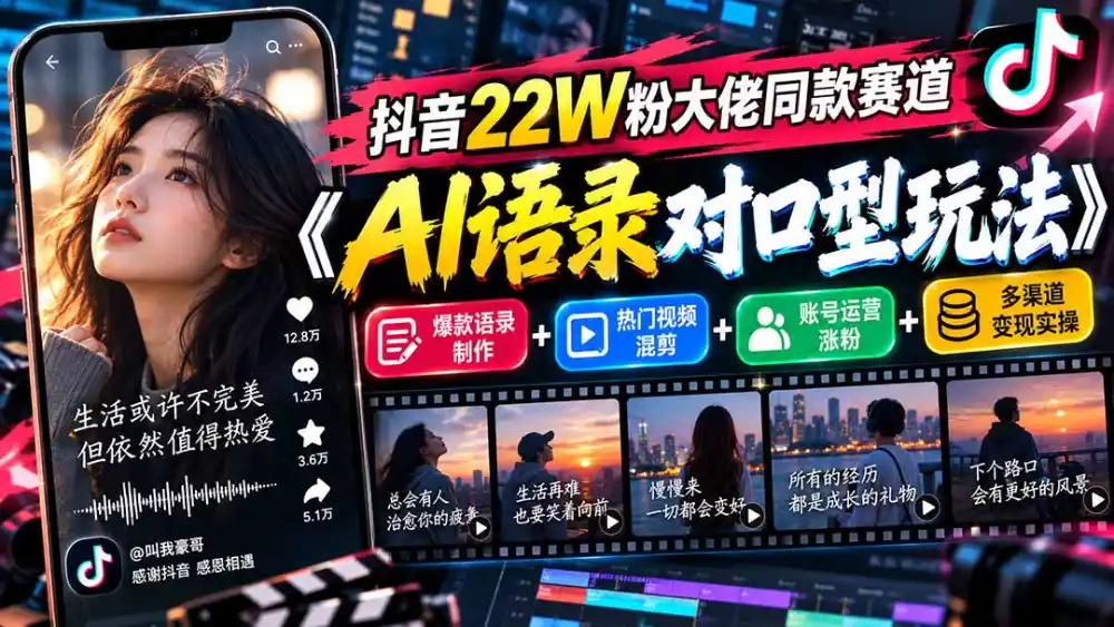抖音22W粉大佬同款赛道《AI语录对口型玩法》:爆款语录制作 热门视频混剪 账号运营涨粉 多渠道变现实操