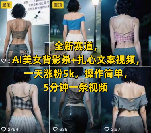 全新赛道,AI美女背影杀 扎心文案视频,一天涨粉5k,操作简单,5分钟一条视频
