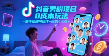 抖音男粉项目0成本玩法，一部手机即可操作，日均4张 ，时间自由-51云资源