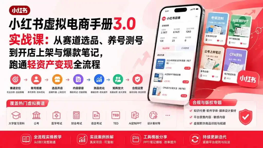 小红书虚拟电商手册3.0实战课：从赛道选品、养号测号到开店上架与爆款笔记，跑通轻资产变现全流程-51云资源