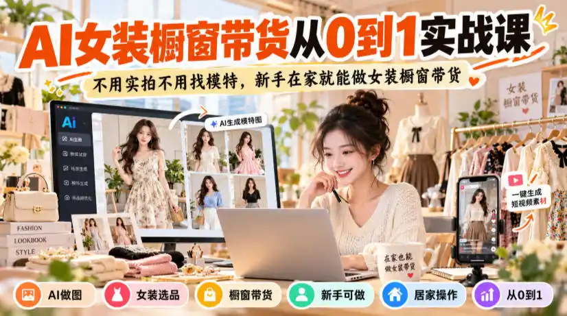 AI女装橱窗带货从0到1实战课，不用实拍不用找模特，新手在家就能做女装橱窗带货-51云资源