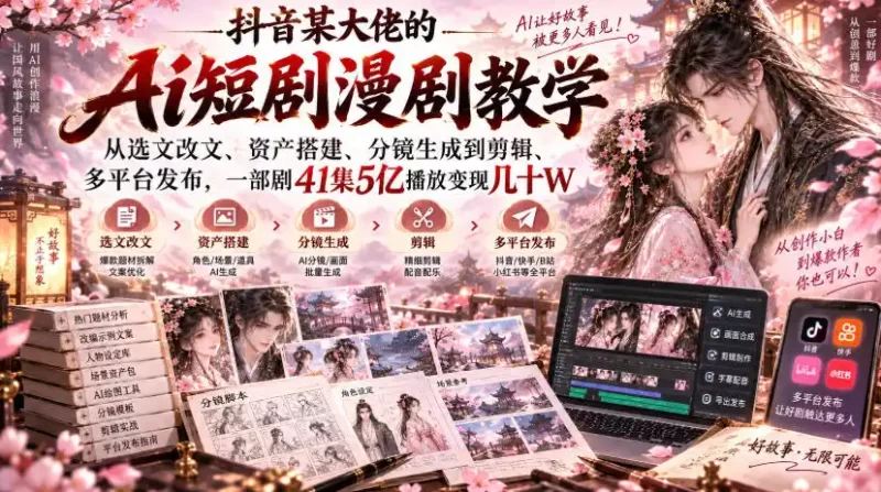 抖音某大佬的Ai短剧漫剧教学,从选文改文、资产搭建、分镜生成到剪辑、多平台发布,一部剧41集5亿播放变现几十W-51云资源