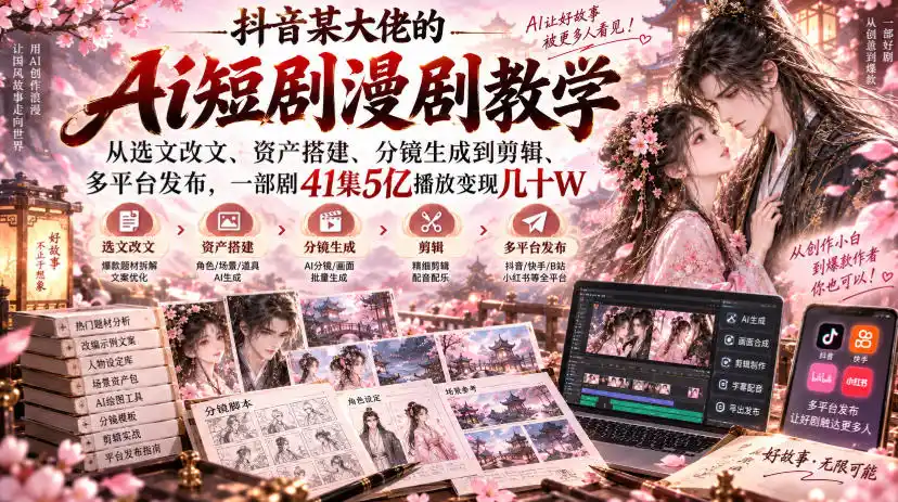 抖音某大佬的Ai短剧漫剧教学,从选文改文、资产搭建、分镜生成到剪辑、多平台发布,一部剧41集5亿播放变现几十W-51云资源