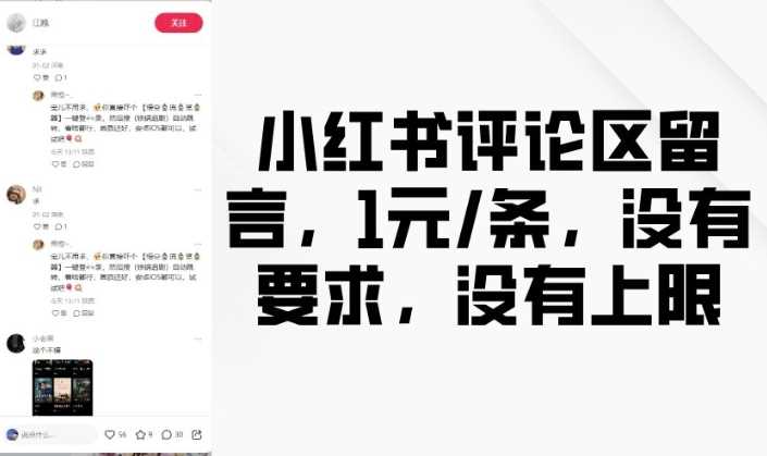 小红书评论区留言，1元条，没有要求，没有上限-51云资源