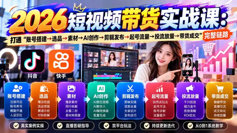 2026短视频带货实战课9月:打通“账号搭建→选品→素材→AI创作→剪辑发布→起号流量→投流放量→带货成交”完整链路-51云资源