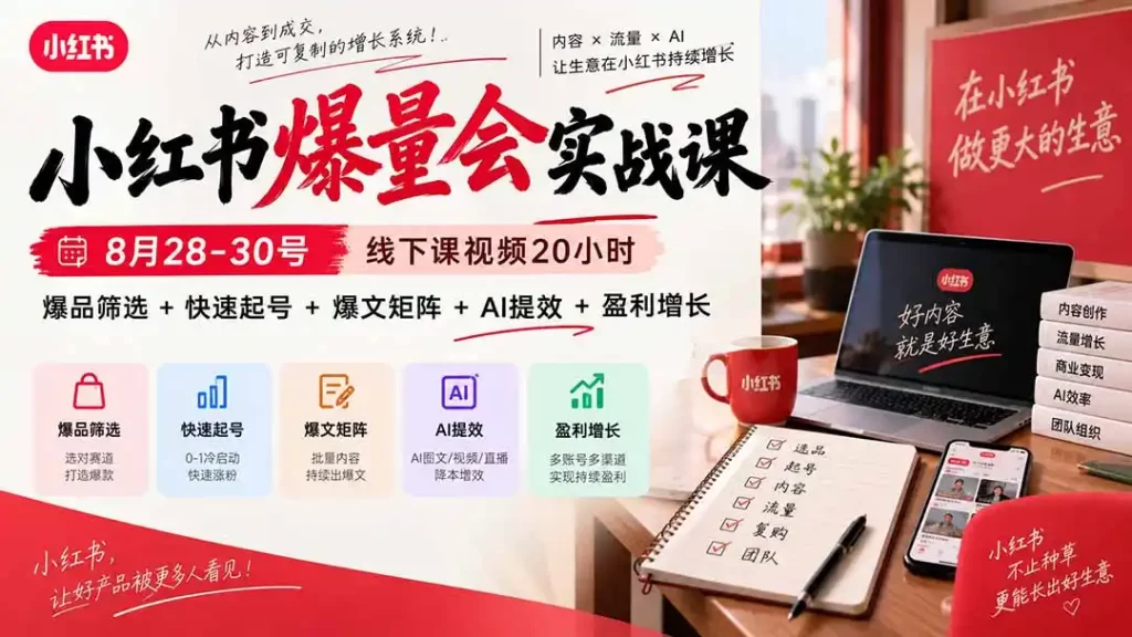 小红书爆量会实战课-更新9月23:线下课视频20小时,爆品筛选 快速起号 爆文矩阵 AI提效 盈利增长-51云资源