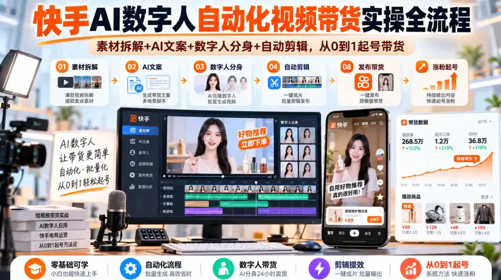 快手AI数字人自动化视频带货实操全流程｜素材拆解 AI文案 数字人分身 自动剪辑，从0到1起号带货(更新26年)-51云资源