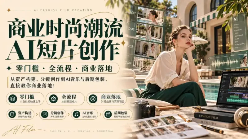 商业时尚潮流AI短片创作|零门槛・全流程・商业落地,从资产构建、分镜创作到AI音乐与后期包装,直接教你商业落地!-51云资源