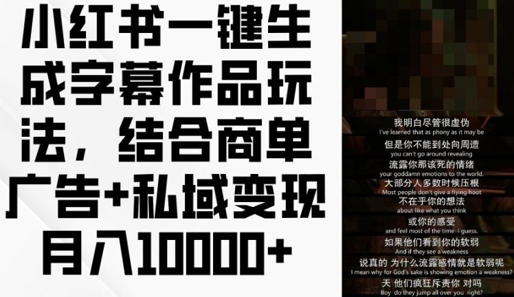 小红书一键生成字幕作品玩法,结合商单广告 私域变现月入1w 【揭秘】