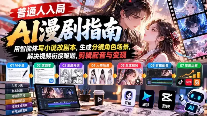 【无水印】普通人入局AI漫剧指南：用智能体写小说改剧本，生成分镜角色场景，解决视频衔接难题，剪辑配音与变现-51云资源