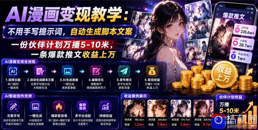 AI漫画变现教学:不用手写提示词,自动生成脚本文案,一份伙伴计划万播5-10米,一条爆款推文收益上W-51云资源