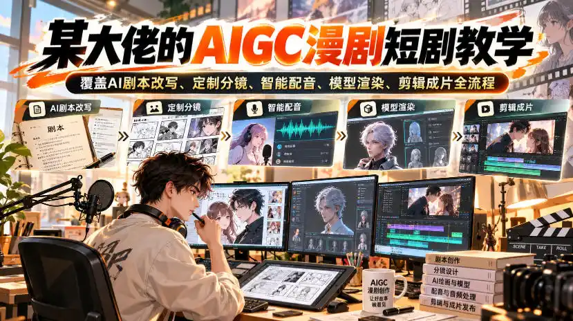 某大佬的AIGC漫剧短剧教学，覆盖AI剧本改写、定制分镜、智能配音、模型渲染、剪辑成片全流程-51云资源
