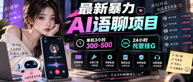最新暴力AI语聊项目,单机3小时300-500,24小时托管挂G,附全套教程及工具【揭秘】-51云资源