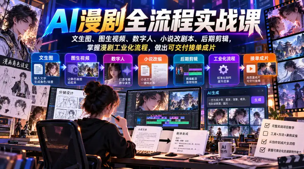 AI漫剧全流程实战课，文生图、图生视频、数字人、小说改剧本、后期剪辑，掌握漫剧工业化流程，做出可交付接单成片-51云资源