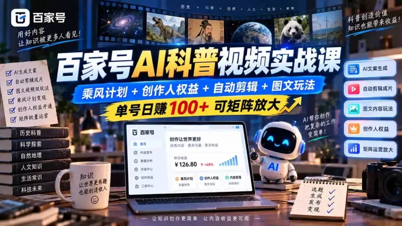 百家号AI科普视频实战课:乘风计划 创作人权益 自动剪辑 图文玩法,单号日赚100 可矩阵放大-51云资源