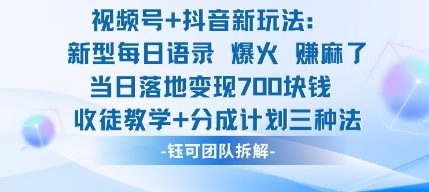 视频号加抖音新玩法：爆火新型每日语录，收徒教学加分成计划，三种变现玩法，当日变现7张-51云资源