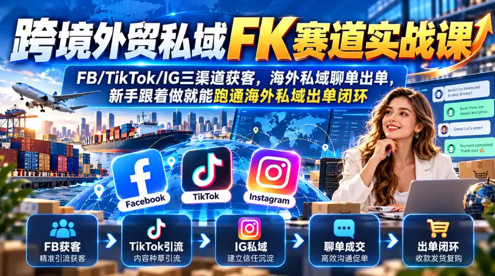 跨境外贸私域FK赛道实战课|FB/TikTok/IG三渠道获客,海外私域聊单出单,新手跟着做就能跑通海外私域出单闭环-51云资源