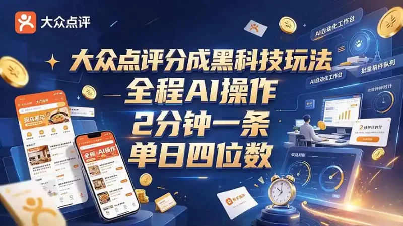 大众点评分成全网独家玩法,AI 全自动出内容,2 分钟一条,小白可冲单日四位数-51云资源