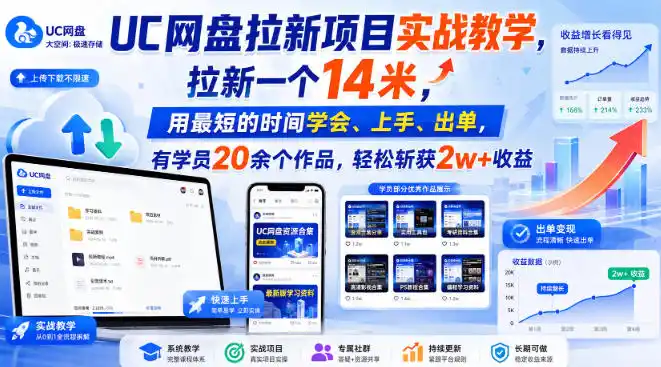 UC网盘拉新项目实战教学,拉新一个14米,用最短的时间学会、上手、出单,有学员20余个作品,轻松斩获2w 收益(更新1015)