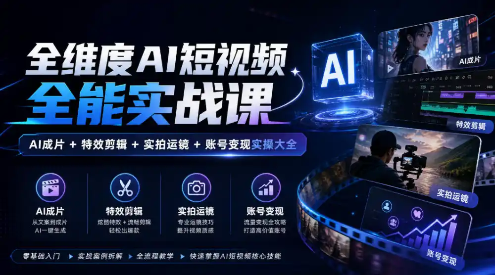全维度AI短视频全能实战课，AI成片 特效剪辑 实拍运镜 账号变现实操大全-51云资源