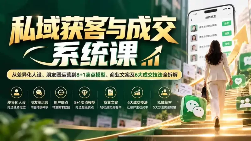 私域获客与成交系统课:从差异化人设、朋友圈运营到8 1卖点模型、商业文案及6大成交技法全拆解-51云资源