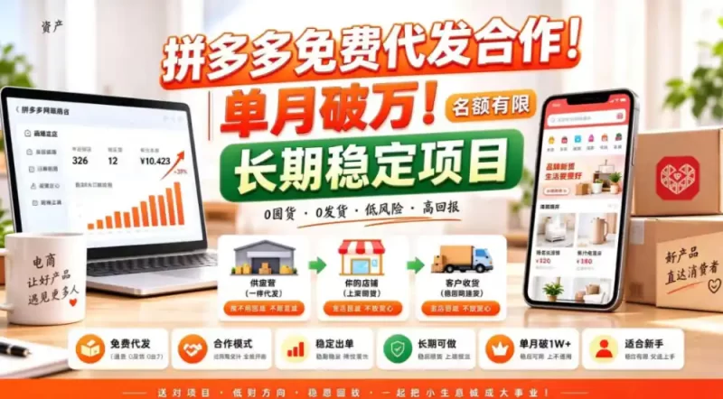 拼夕夕电商免费代发合作模式,单月破1W+,不用囤货、不用运营(名额有限)【揭秘】-51云资源