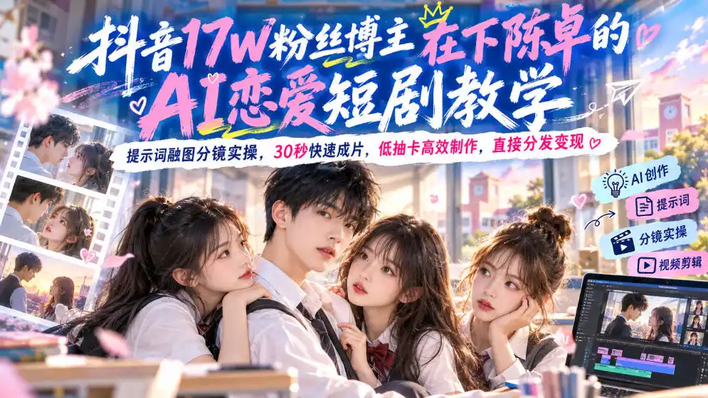 抖音17W粉丝博主在下陈卓的AI恋爱短剧教学,提示词融图分镜实操,30秒快速成片,低抽卡高效制作,直接分发变现-51云资源